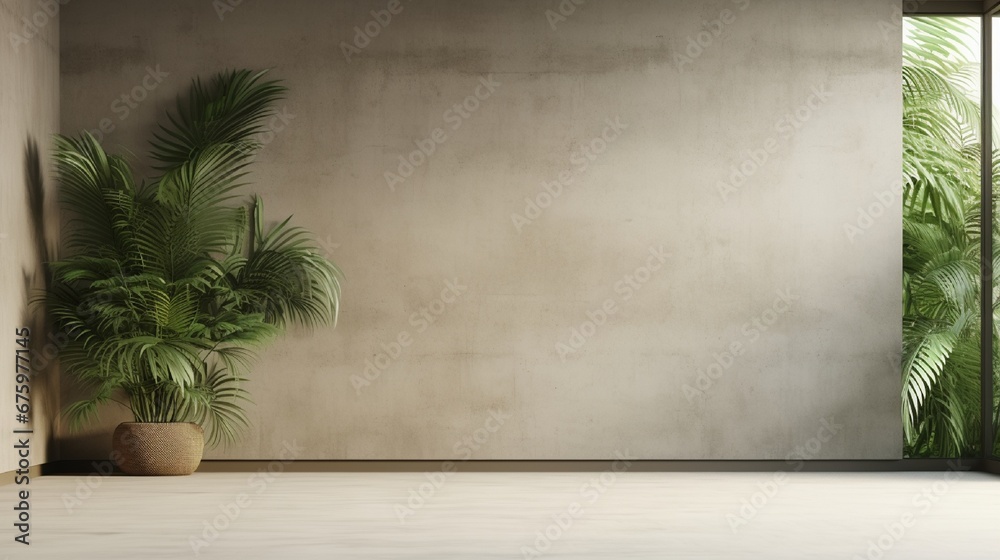 Blank concrete wall in modern empty room with tropical plant garden. Luxury house interior with green palm trees. Minimal architecture design Blank concrete wall in modern empty room with tropical plant garden. Luxury house interior with green palm trees. Minimal architecture design