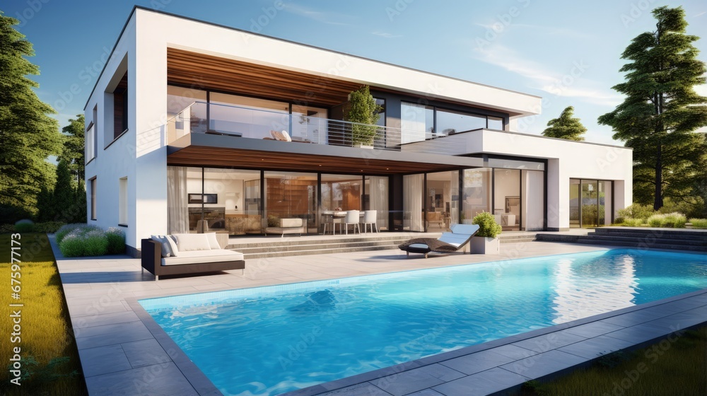 Realistic 3D rendering of a very modern upscale house with swimming pool