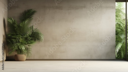 Blank concrete wall in modern empty room with tropical plant garden. Luxury house interior with green palm trees. Minimal architecture design