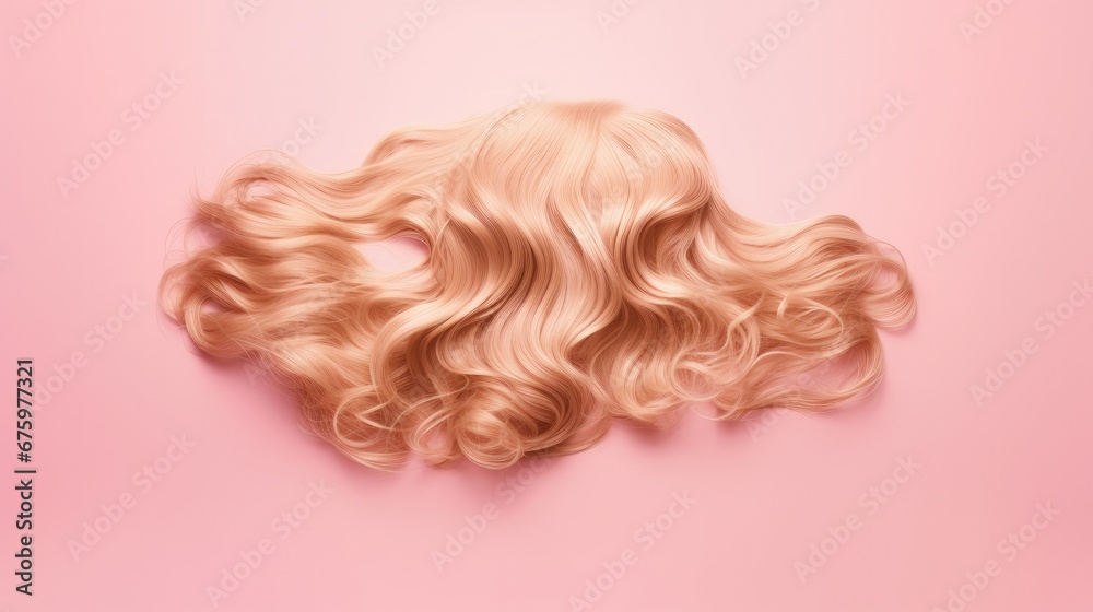 Long golden blond curly hair. A part of blond hair top view on pink background. Long golden blond curly hair. A part of blond hair top view on pink background.