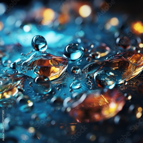 Drops of rain water splashing on leaves and a colorful liquid blur background with a luxury concept, good for use as backgrounds, luxury, blogs, decorations, blogs, etc. Generative AI concept