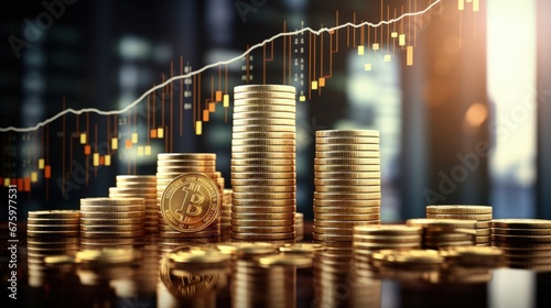 Creative image of growing coin stacks and candlestick forex chart on blurry background. Trade, money and financial growth concept. Double exposure photo