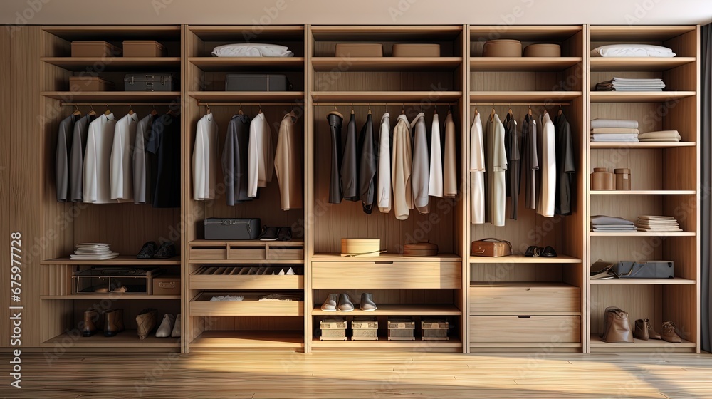 3d rendering, 3d illustration - Simple Wooden Wardrobe Clothes with parquet flooring. 3d rendering, 3d illustration - Simple Wooden Wardrobe Clothes with parquet flooring.
