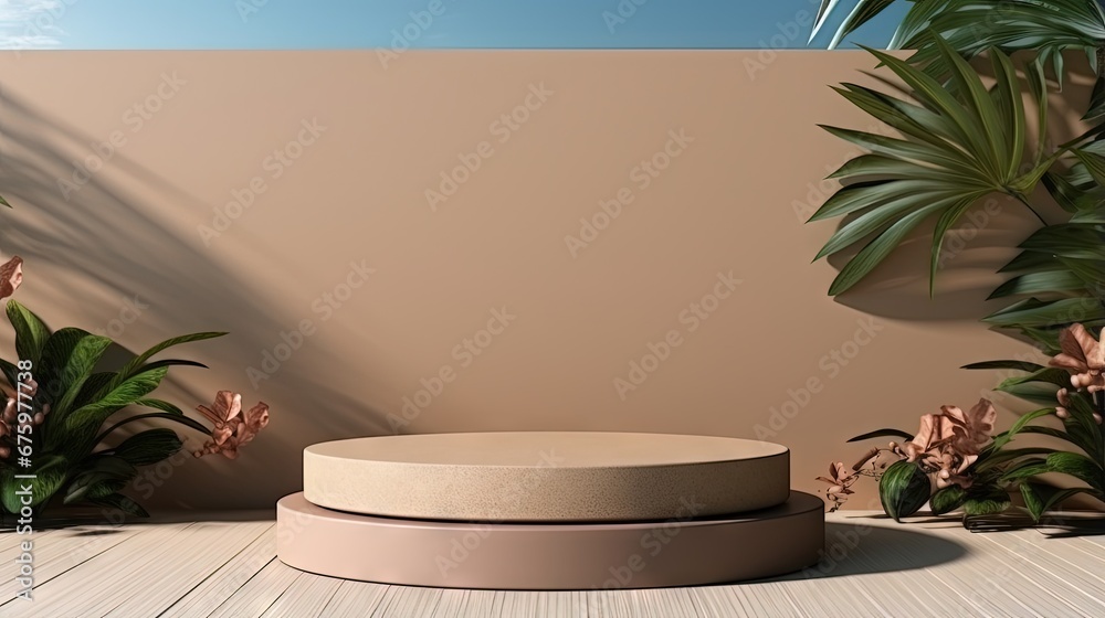 Summer product display podium with shadow nature leaves with brown wall and sea background. 3D rendering Summer product display podium with shadow nature leaves with brown wall and sea background. 3D rendering