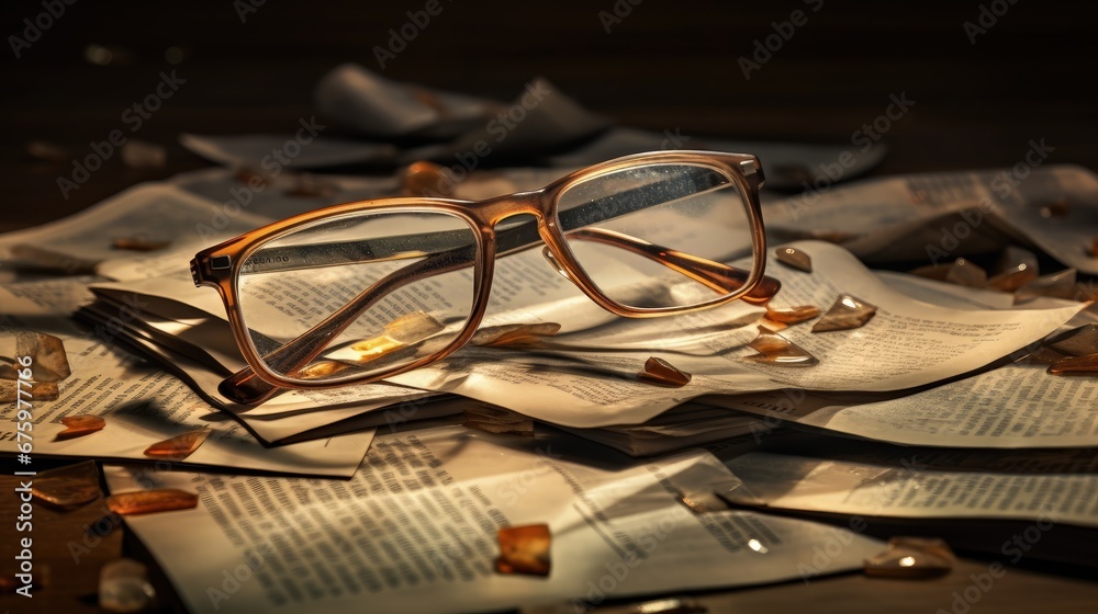 Scattered Learning Visually impaired reading glasses scattered on an intellectual ...