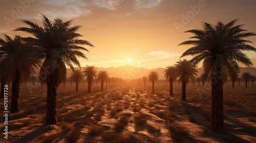 Sunrise above plantation of date palms, developing agriculture industry in desert areas of the Middle East