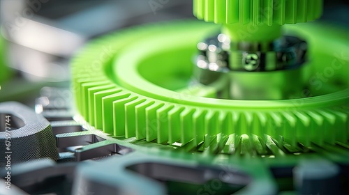 print head, bright green print bed and white helical gears with visible infill and layer. opblique view on process of 3D-printing. copy space for text. selective focus. additive manufacturing concept photo