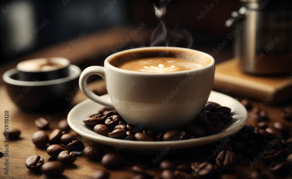 Hot traditional cup coffee with coffee bean Hot traditional cup coffee with coffee bean