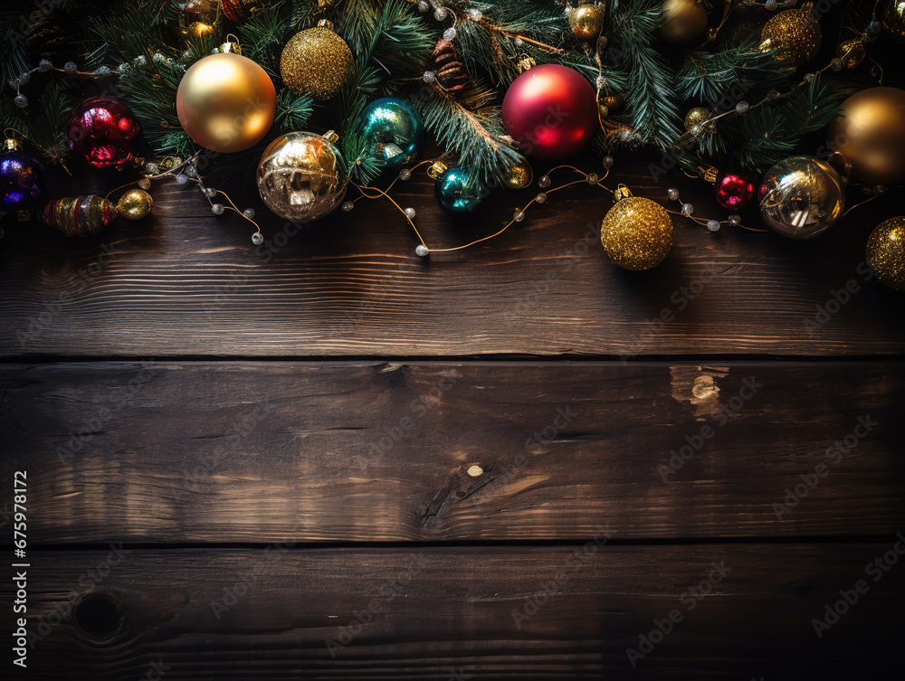Wooden Textured Background With Christmas Baubles And Fir Branches Creates Festive New Year Atmosphere, generative ai Wooden Textured Background With Christmas Baubles And Fir Branches Creates Festive New Year Atmosphere, generative ai