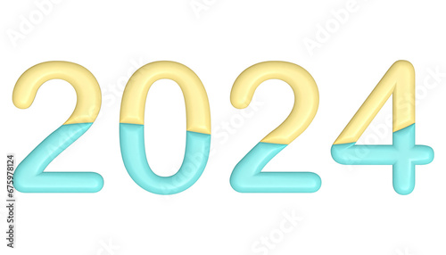 2024.Happy new year 2024.Png isolated on transparent background.3D cute number in pastel colors.