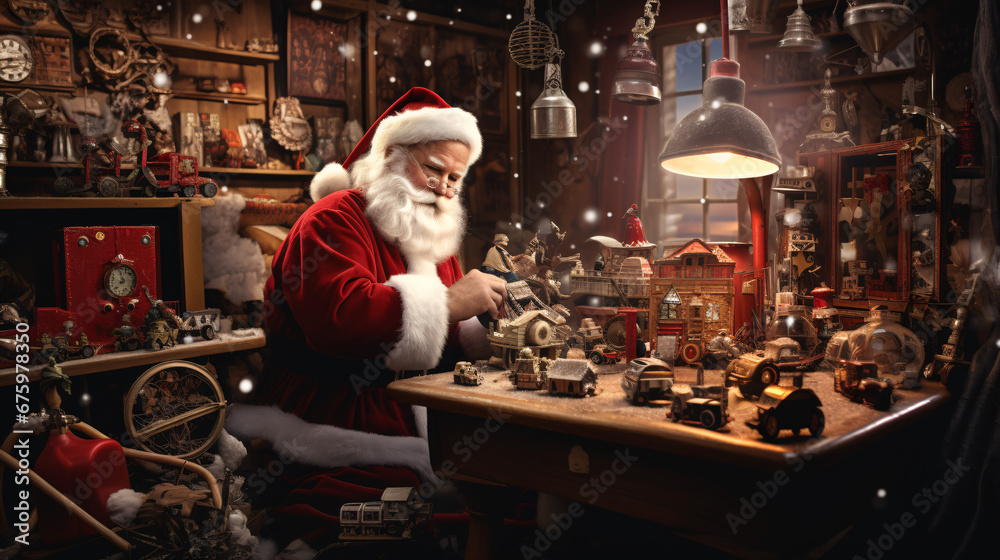 Santa in his workshop building, tinkering on toys 