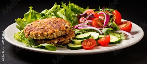 In the homemade kitchen a delicious chicken cutlet burger with a side of hearty oatmeal and a fresh vegetable salad is the perfect healthy choice from the menu Served on a plate this nutrit