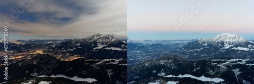 Blick auf Berchtesgaden im Winter vom Watzmann Hocheck in der Dämmerung und in der Nacht