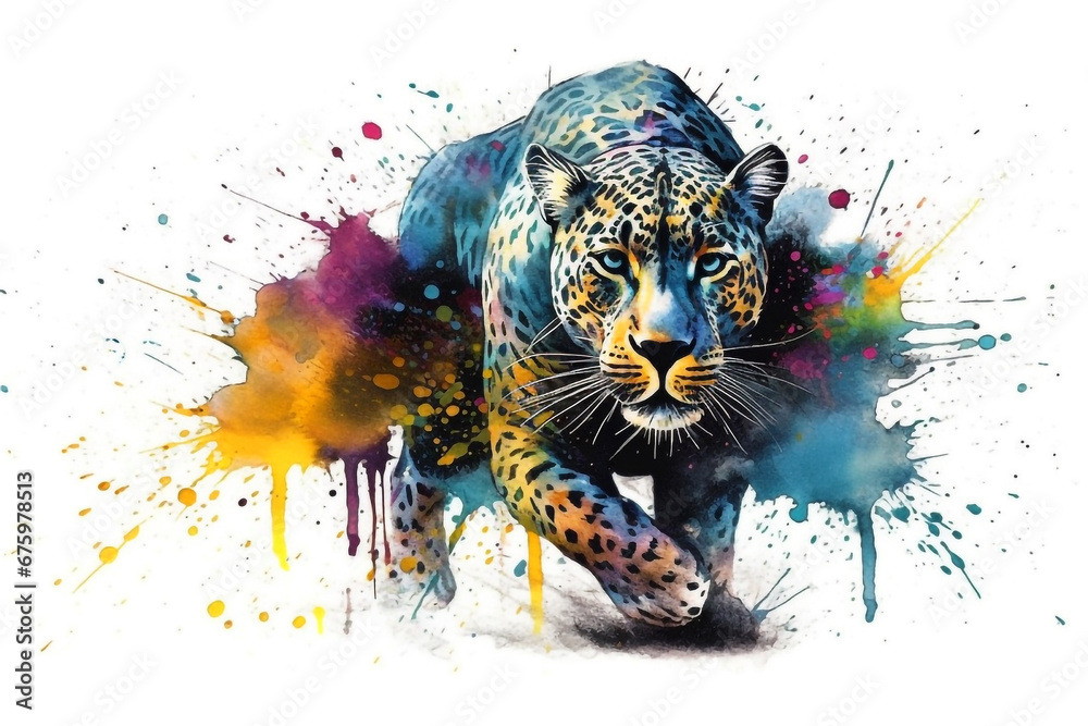 Jaguar - Elegante Raubkatze in Bewegung inmitten von Farben Splash - obrazy, fototapety, plakaty 