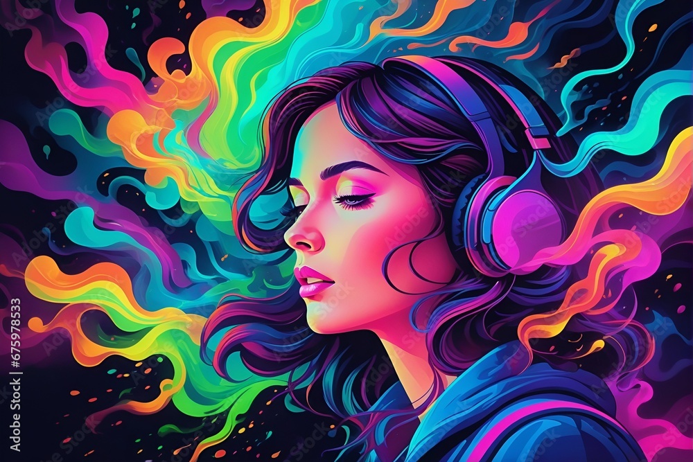 A colorful illustration of a girl with headphones hearing sounds hallucinations with vivid background. auditory hallucinations perceptual disturbance. schizophrenia. mental health conditions. - obrazy, fototapety, plakaty 