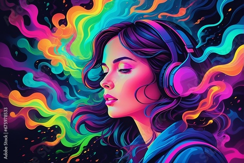 A colorful illustration of a girl with headphones hearing sounds hallucinations with vivid background. auditory hallucinations perceptual disturbance. schizophrenia. mental health conditions. photo