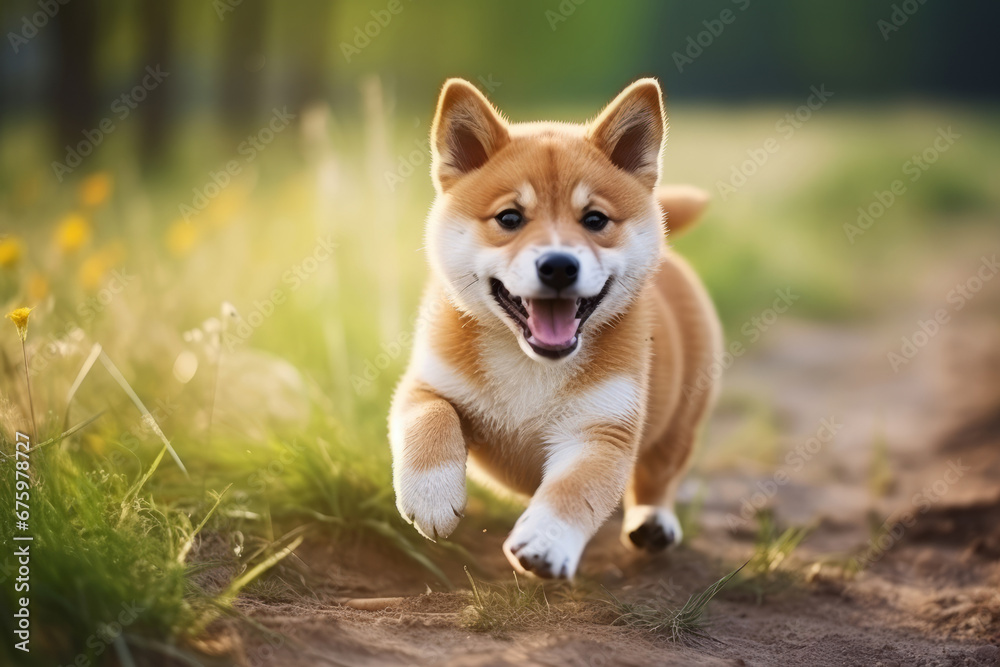 Cute Shiba inu dog running outdoors. Active puppy playing in park during summer evening walk Cute Shiba inu dog running outdoors. Active puppy playing in park during summer evening walk