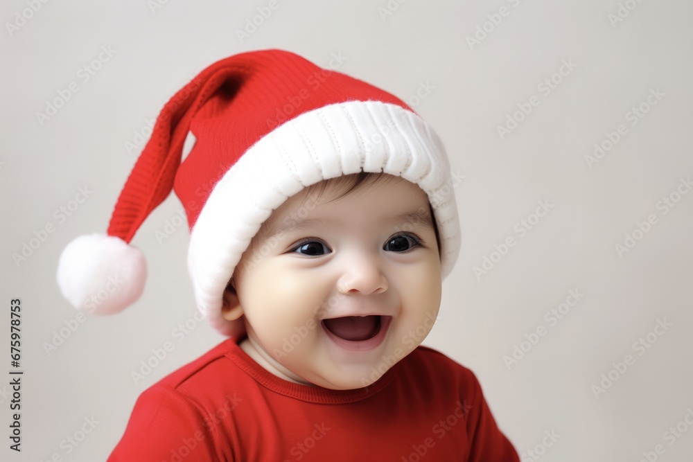 Teeth Christmas: Happy Funny Baby Girl with Toy Model Teeth in Red Christmas Hat. Festive Smile on Grey Background Teeth Christmas: Happy Funny Baby Girl with Toy Model Teeth in Red Christmas Hat. Festive Smile on Grey Background