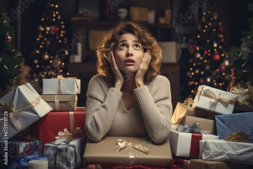Stressful Holiday: Woman Struggling with Christmas Clutter and Wrapping Presents photo