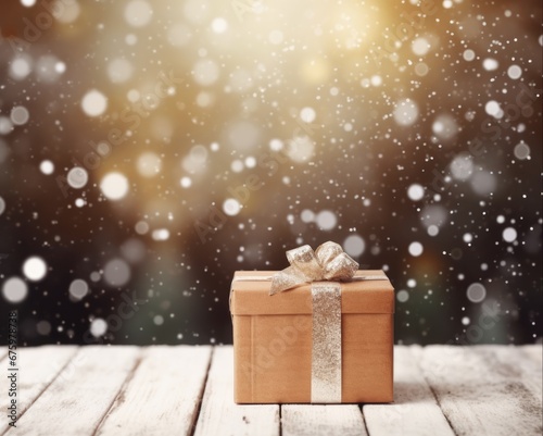 Snow GIF. A Brilliant and Blurred Winter Scene with Abstract Bokeh Background on Wooden Plank and Pine for Christmas Time