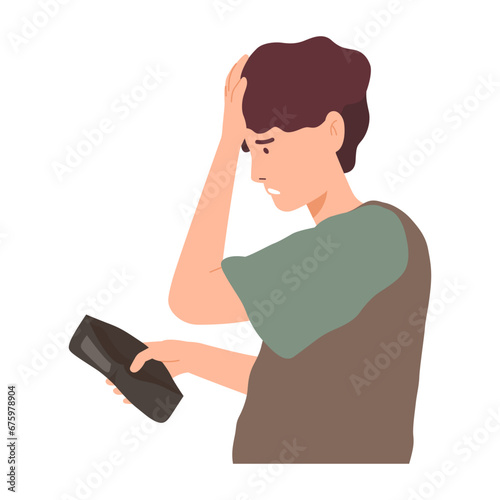 Man looking in wallet but no money. Poor man with no money holds an empty wallet in his hand. Poverty problem, no budget. Flat vector illustration isolated on white background