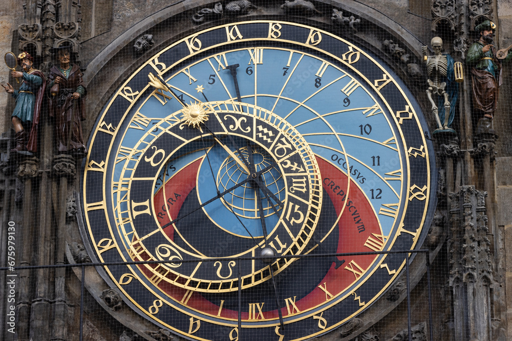 Close-up of the famous astronomical clock in Prague.