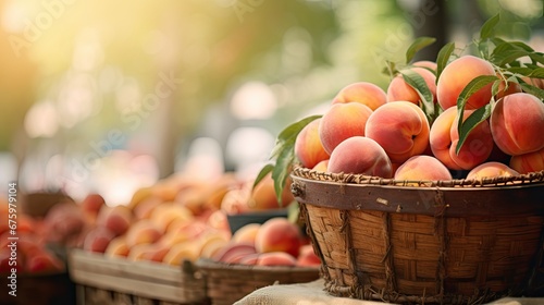  a basket of peaches sitting on a table in front of a row of other baskets of peaches on a table.  generative ai photo