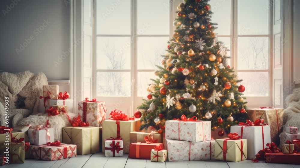  a christmas tree surrounded by presents in front of a window with a christmas tree in the middle of the room.  generative ai
