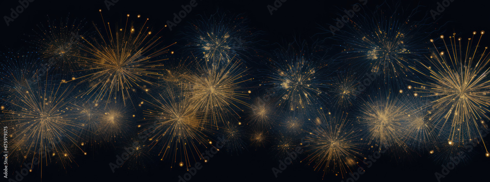 Festive Fireworks Frame on Dark Gold and Blue Background