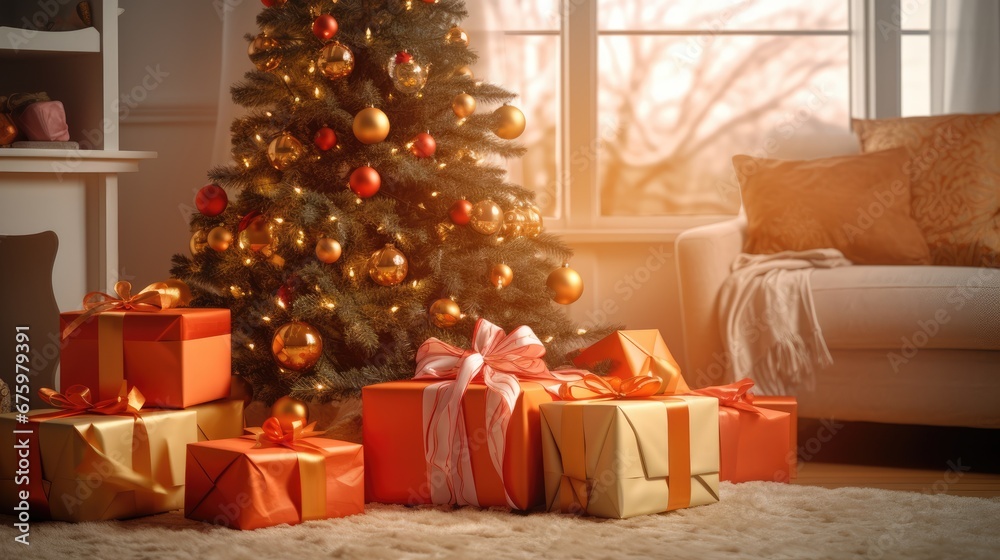  a living room with a christmas tree, presents, and a couch in front of a window with a christmas tree in the background.  generative ai