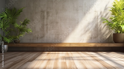 Empty old wood plank wall 3d render,There are concrete floor,Behide the backdrop is a tropical garden,sunlight shine into the room © kashif 2158