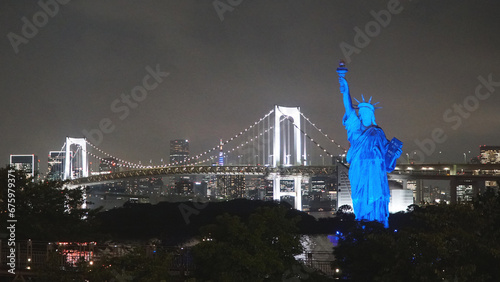 Photography Panorama of Tokyo With Statue of Liberty. Odaiba, Japan.