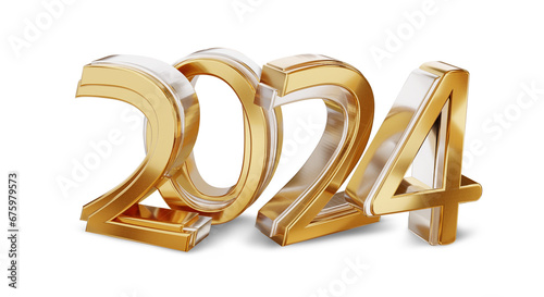 2024 golden symbol bold letters isolated, metallic glossy number as new year and Sylvester, gold colored