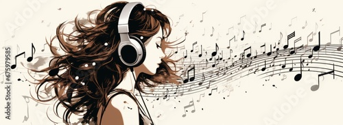 The Melodious Muse: A Woman Immersed in Music and Surrounded by Harmonious Notes. A woman with headphones and musical notes on a white background. photo