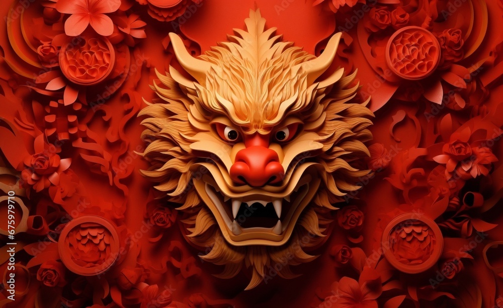 The Chinese New Year 2024 year of the dragon, the Chinese zodiac symbol is the Lunar New Year concept. The Asian Celebration, illustration fantasy anime manga Chinese Red Dragon. Generative AI.