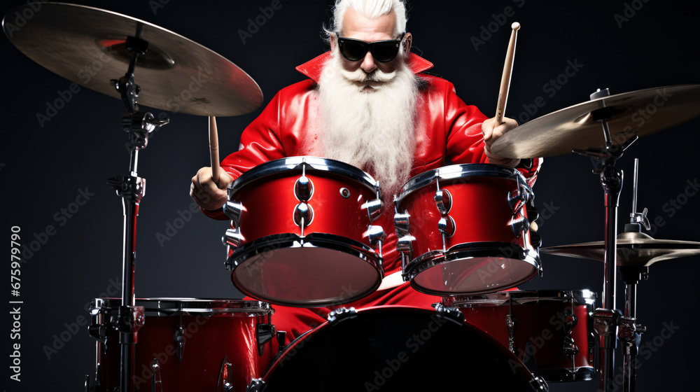 Naklejka premium Cool santa with sunglasses playing the drums, making a party