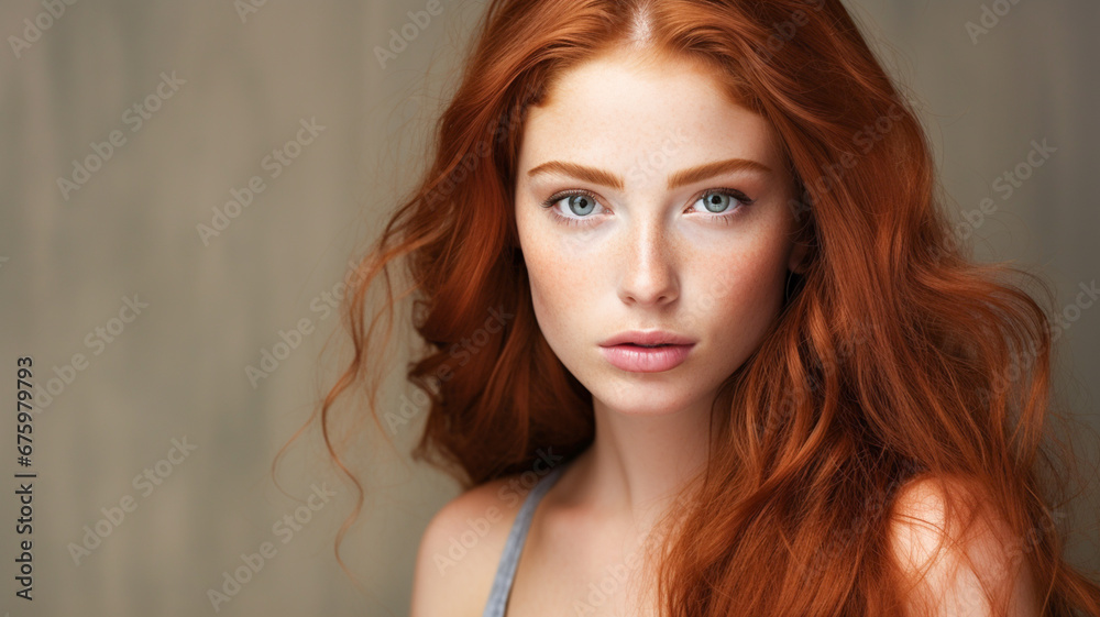 Fototapeta premium Closeup of happy attractive young woman with long wavy red hair. Happy and smiling isolated over white background. 