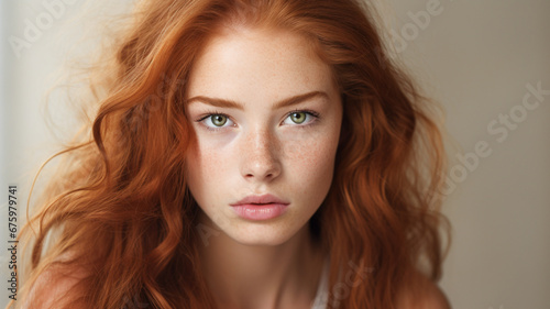 Сloseup portrait of amazing young red hair woman attractive appearance isolated over colorful background.