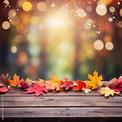AI Generated autumn maple leaves on wooden plank stand table with glittering bokeh background for Thanksgiving day design concept.
