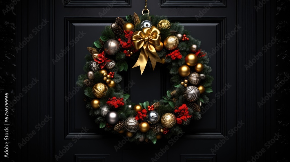  a christmas wreath on a black door with gold and silver ornaments and a bell hanging from the top of the wreath.  generative ai