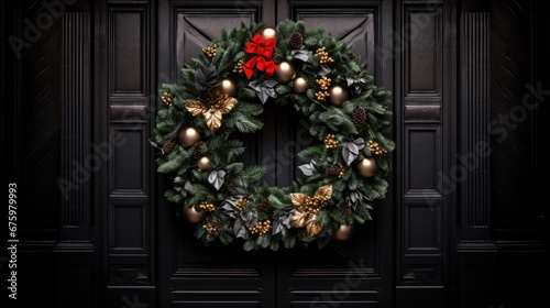  a christmas wreath on the front door of a building with a red bow hanging from it's front door. generative ai