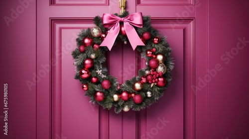  a pink door with a christmas wreath and a pink bow hanging on the front of the door with ornaments on it.  generative ai © Shanti