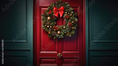  a red door with a wreath on it and a red bow hanging from the top of the door and a red bow hanging from the top of the door. generative ai
