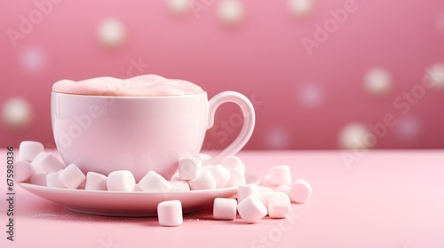  a pink cup filled with marshmallows next to a plate of marshmallows on a pink surface.  generative ai