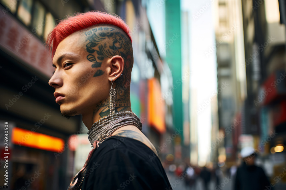 Generative ai stylish fashionable tattooed asiatic man walking outdoors city