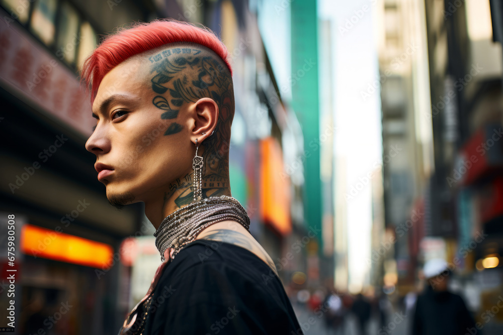 Generative ai stylish fashionable tattooed asiatic man walking outdoors city Generative ai stylish fashionable tattooed asiatic man walking outdoors city
