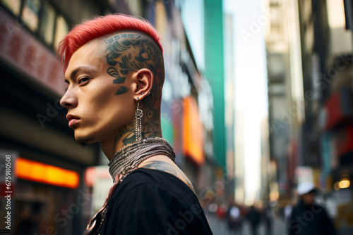 Generative ai stylish fashionable tattooed asiatic man walking outdoors city