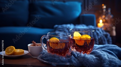  two glasses of tea with orange slices and cinnamon sticks on a tray next to a cup of tea on a table with a blue couch in the background.  