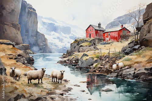 Iceland landshaft with house and sheeps, watercolor illustration
