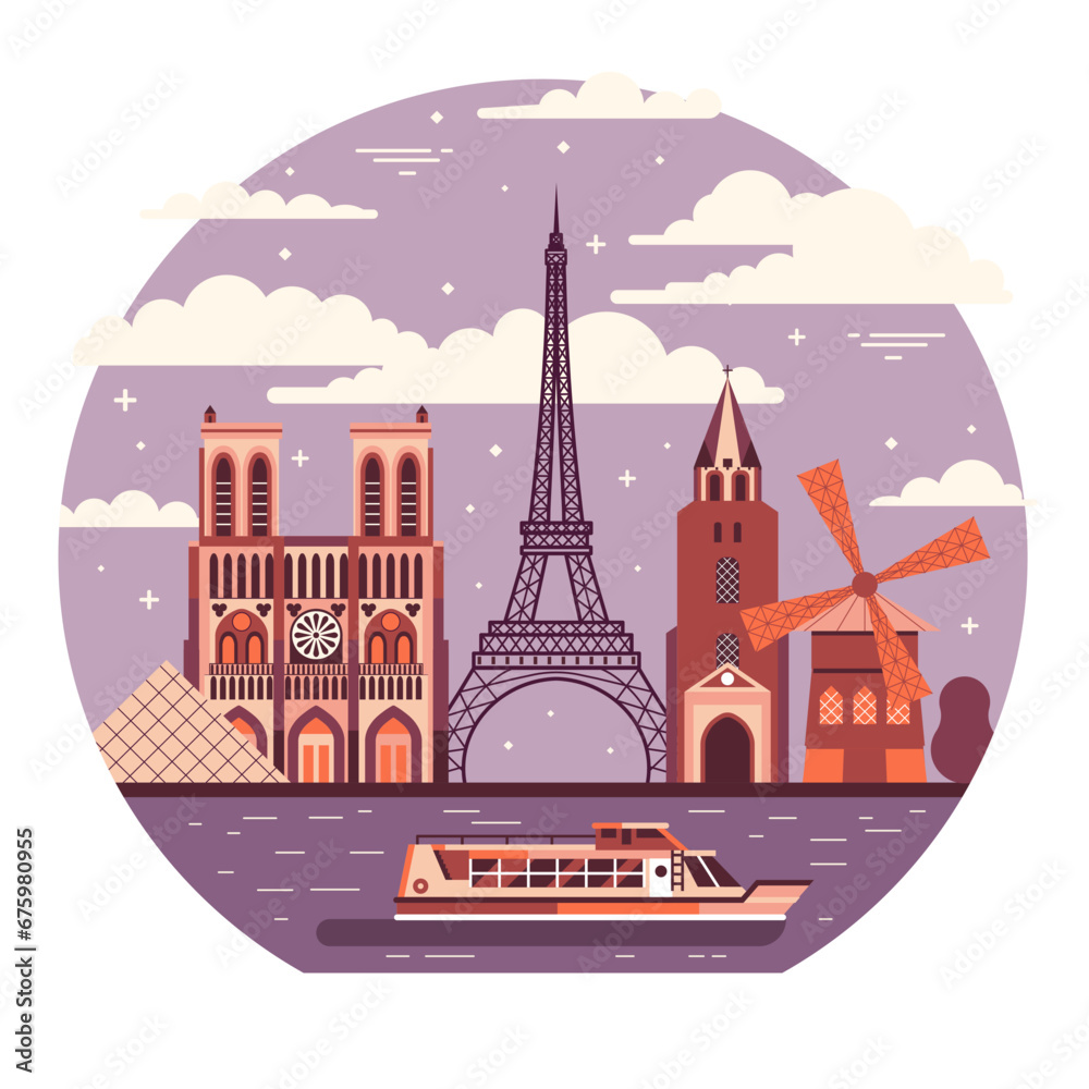 Paris Travel Scene with River Cruise Tourist Boat